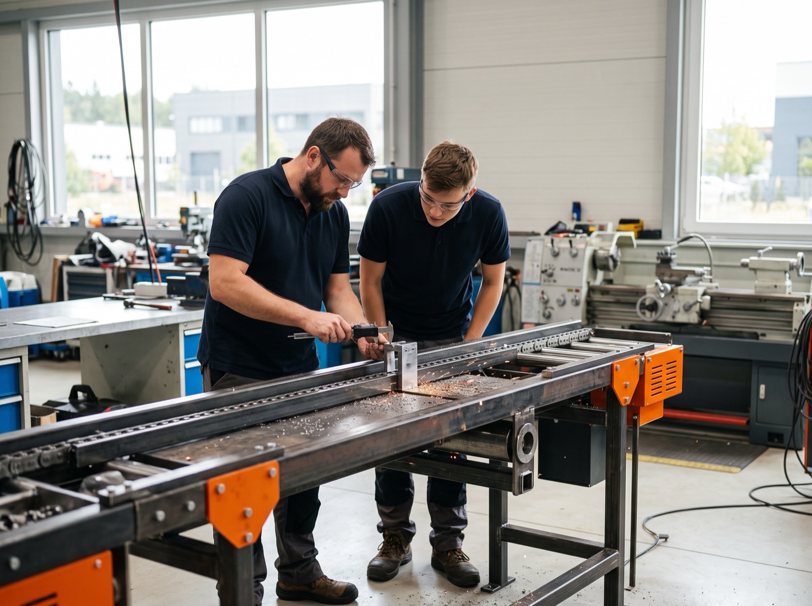 Zkušený pracovník a mladší kolega měří díl dopravníku ve výrobním provozu ASTOS Machinery