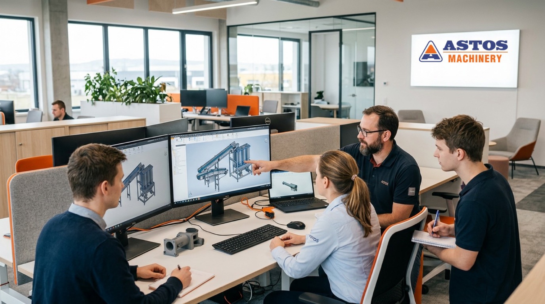 Zkušený technik ASTOS vysvětluje mladým kolegům konstrukci dopravníku