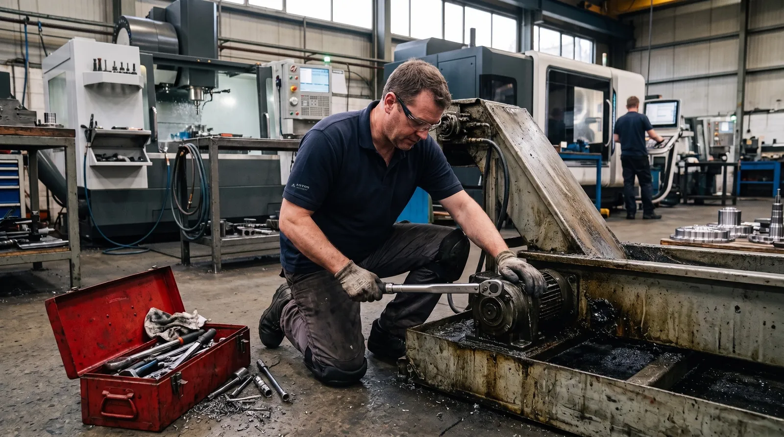 Servisní technik ASTOS při údržbě dopravníku třísek